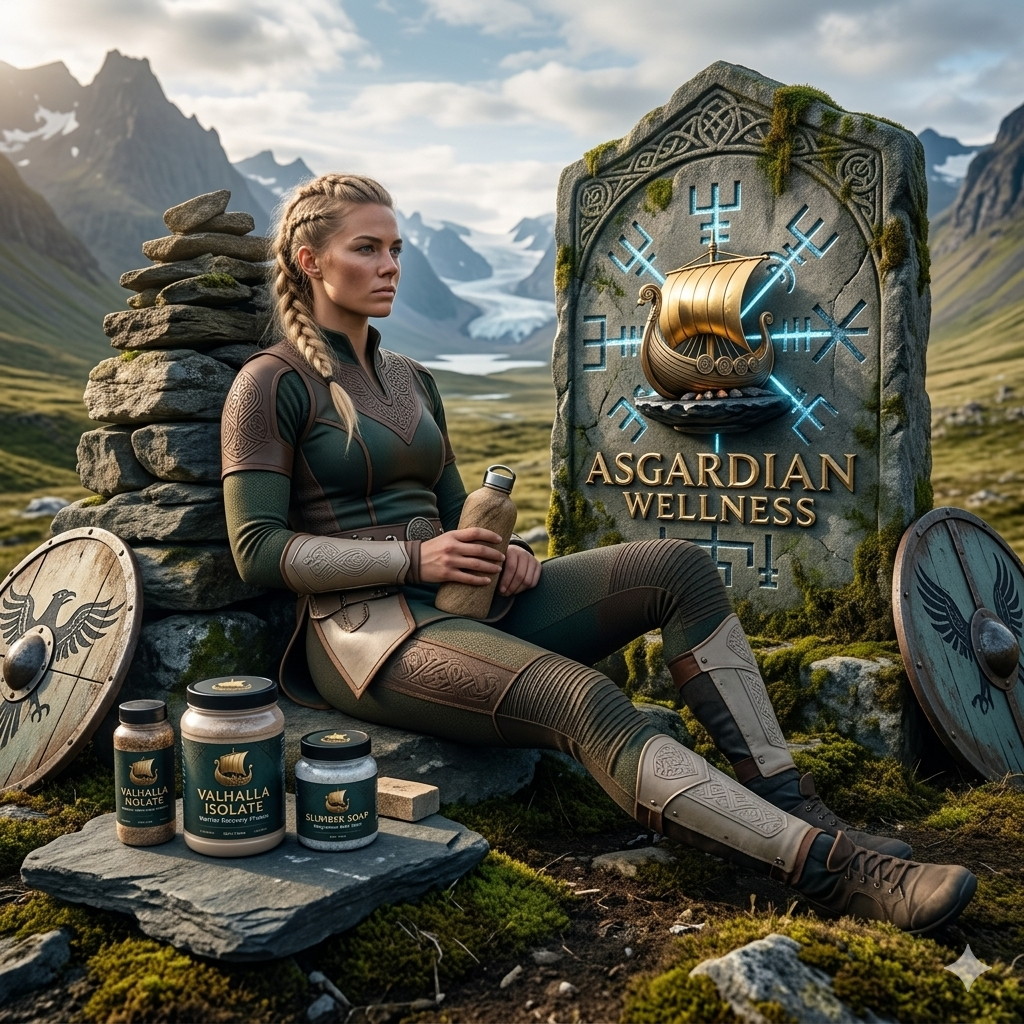 A modern athlete resting in a rugged, mountain landscape with Asgardian Wellness recovery supplements.