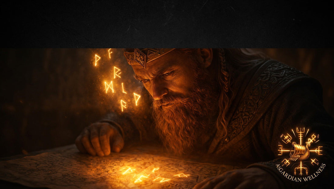 A fierce Viking warrior with long beard and braided hair, wearing a Norse crown, intently studying glowing golden runes on an ancient map. Warm dramatic lighting with floating mystical runes. Asgardian Wellness logo in the corner.