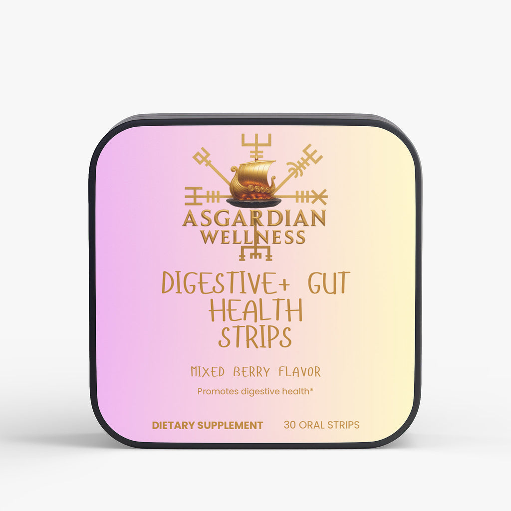 Asgardian Wellness natural supplement strips product photo with Viking‑inspired branding - digestive gut health 