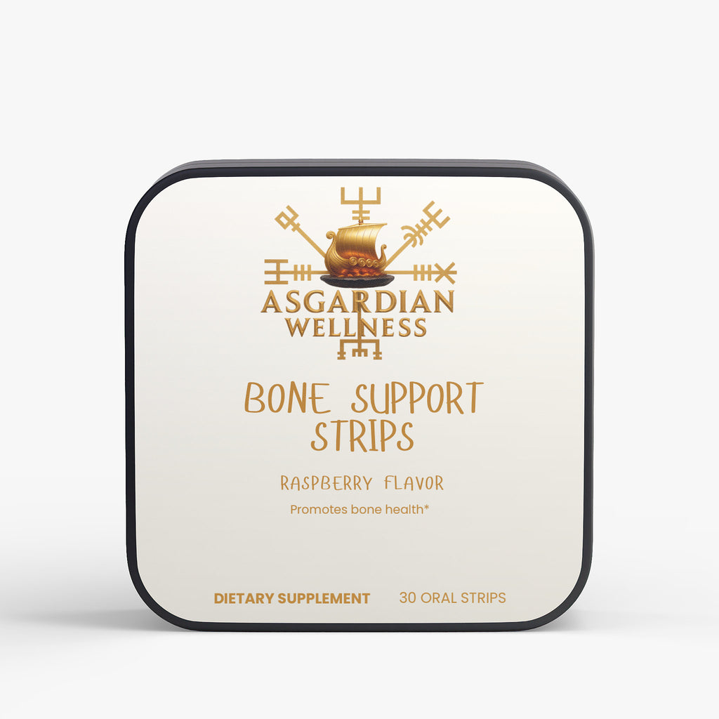 Asgardian Wellness natural supplement strips product photo with Viking‑inspired branding - bone support 
