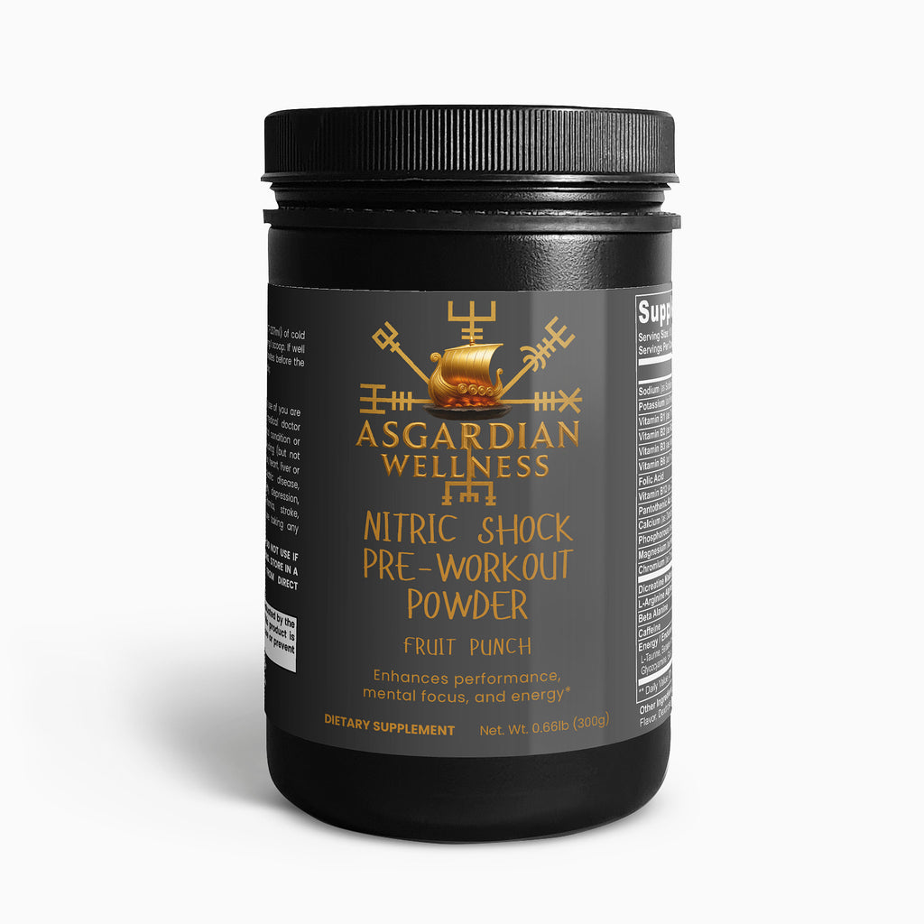Asgardian Wellness fitness supplement product photo featuring natural, Viking‑inspired performance nutrition - Pre workout