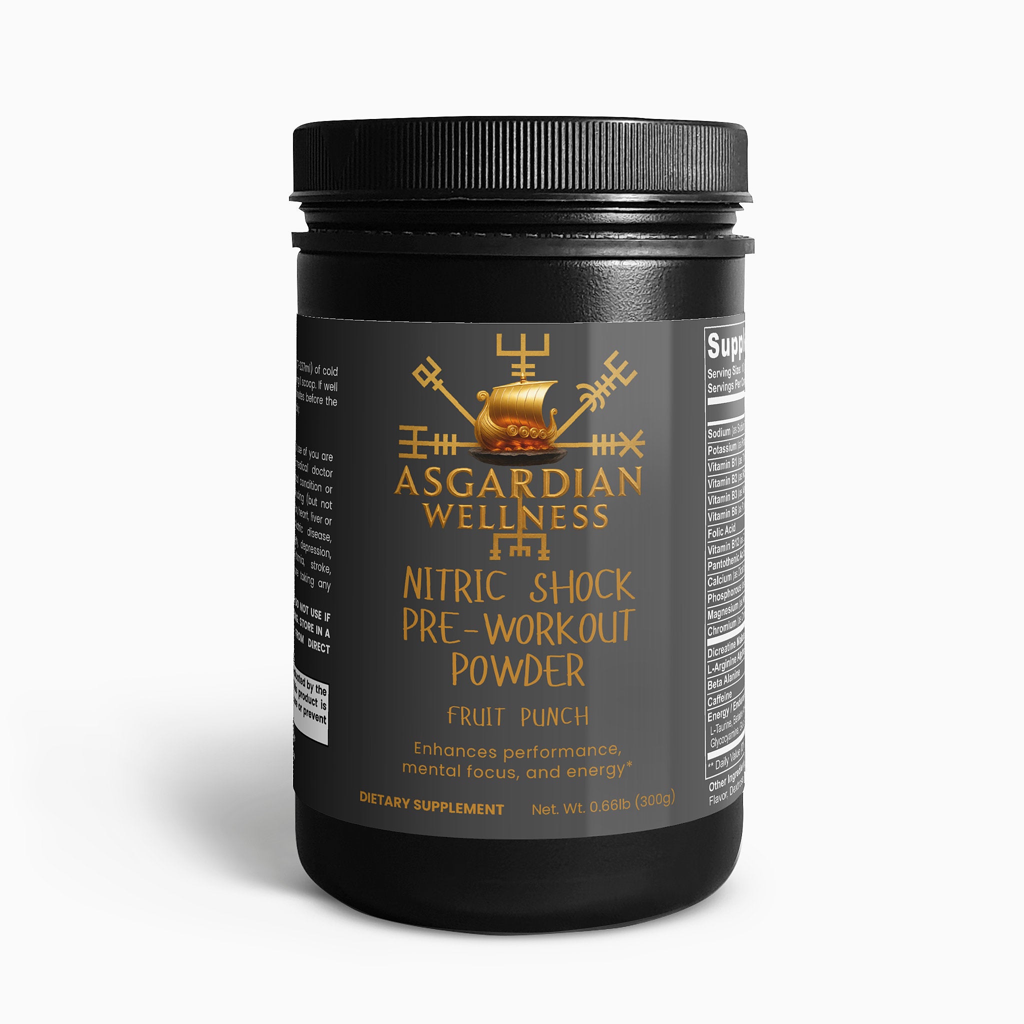 Asgardian Wellness fitness supplement product photo featuring natural, Viking‑inspired performance nutrition - Pre workout