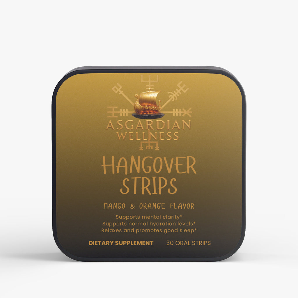 Asgardian Wellness natural supplement strips product photo with Viking‑inspired branding - hangover strips 