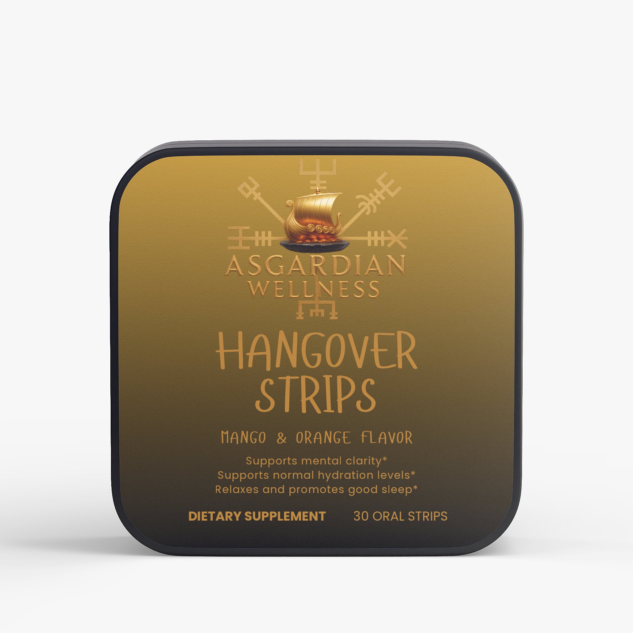 Asgardian Wellness natural supplement strips product photo with Viking‑inspired branding - hangover strips 