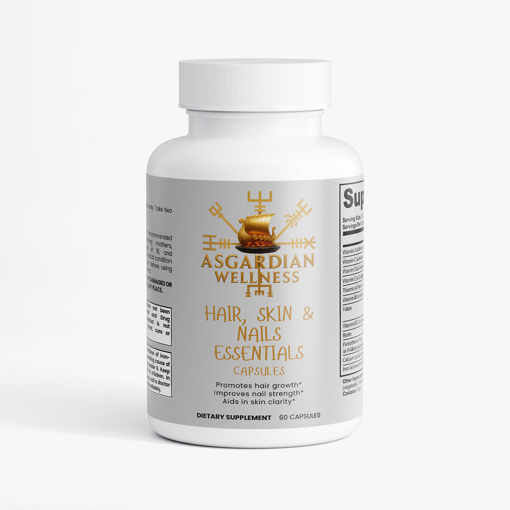 Asgardian Wellness daily vitamin product photo featuring natural, Viking‑inspired wellness support - Hair skin and nails