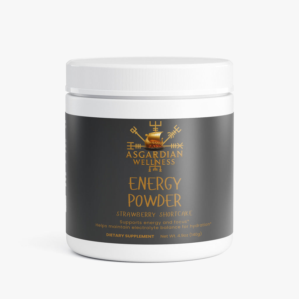 Asgardian Wellness fitness supplement product photo featuring natural, Viking‑inspired performance nutrition - Energy powder