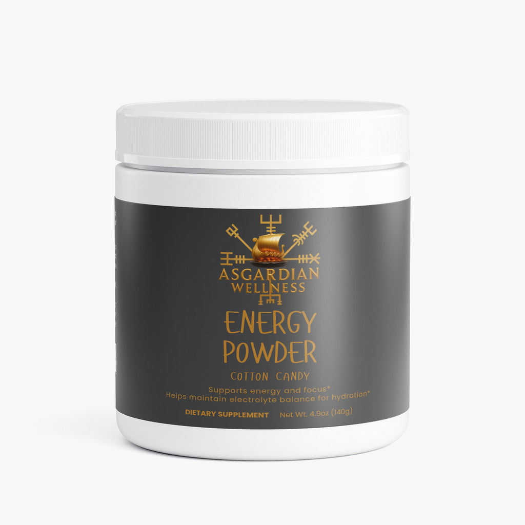 Asgardian Wellness fitness supplement product photo featuring natural, Viking‑inspired performance nutrition - Energy powder