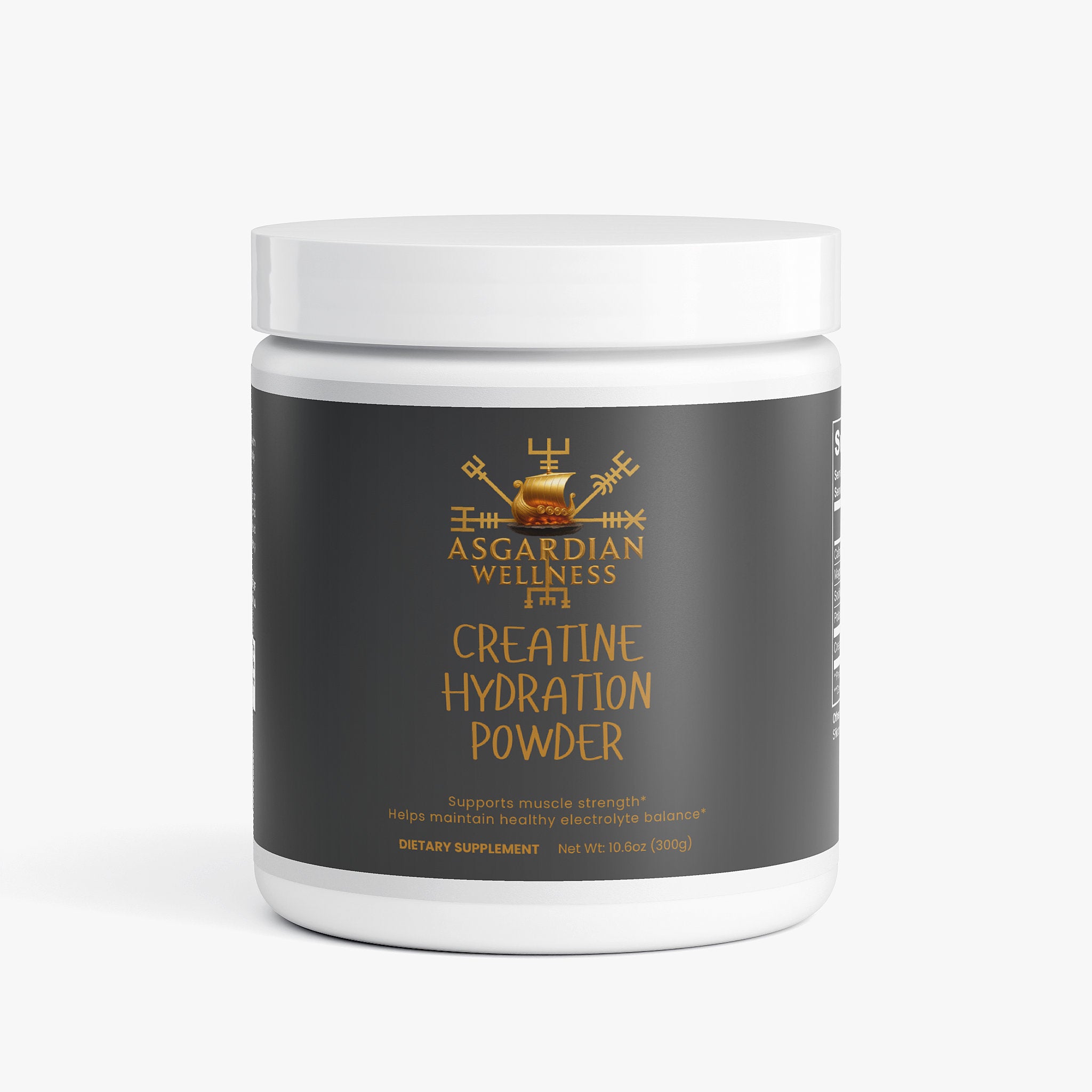 Asgardian Wellness fitness supplement product photo featuring natural, Viking‑inspired performance nutrition - Creatine hydration powder