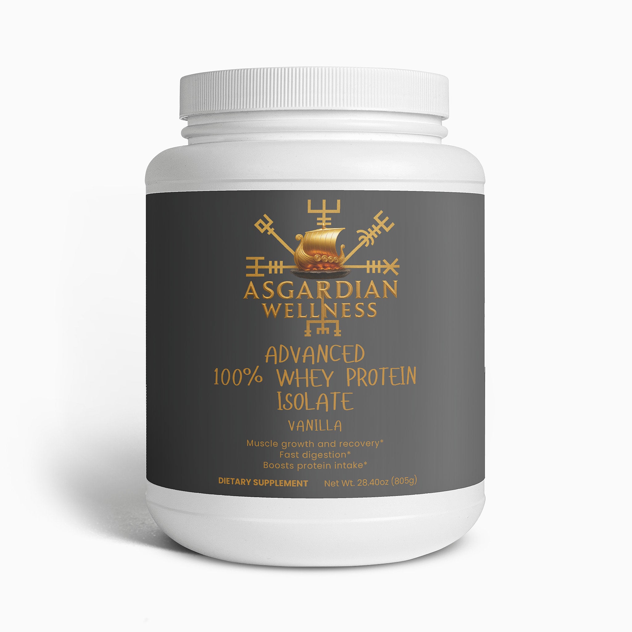 Asgardian Wellness fitness supplement product photo featuring natural, Viking‑inspired performance nutrition - Whey protein