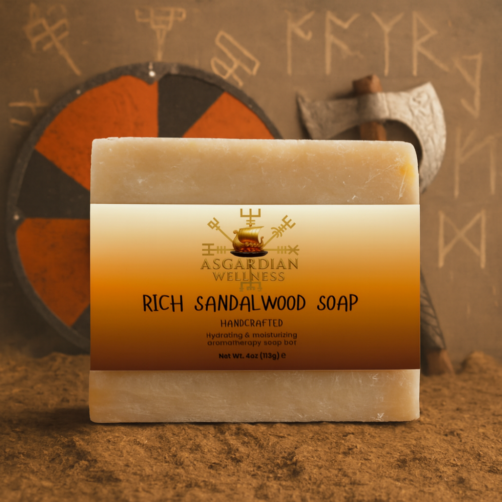 Asgardian Wellness natural soap bar product photo with Viking‑inspired branding.