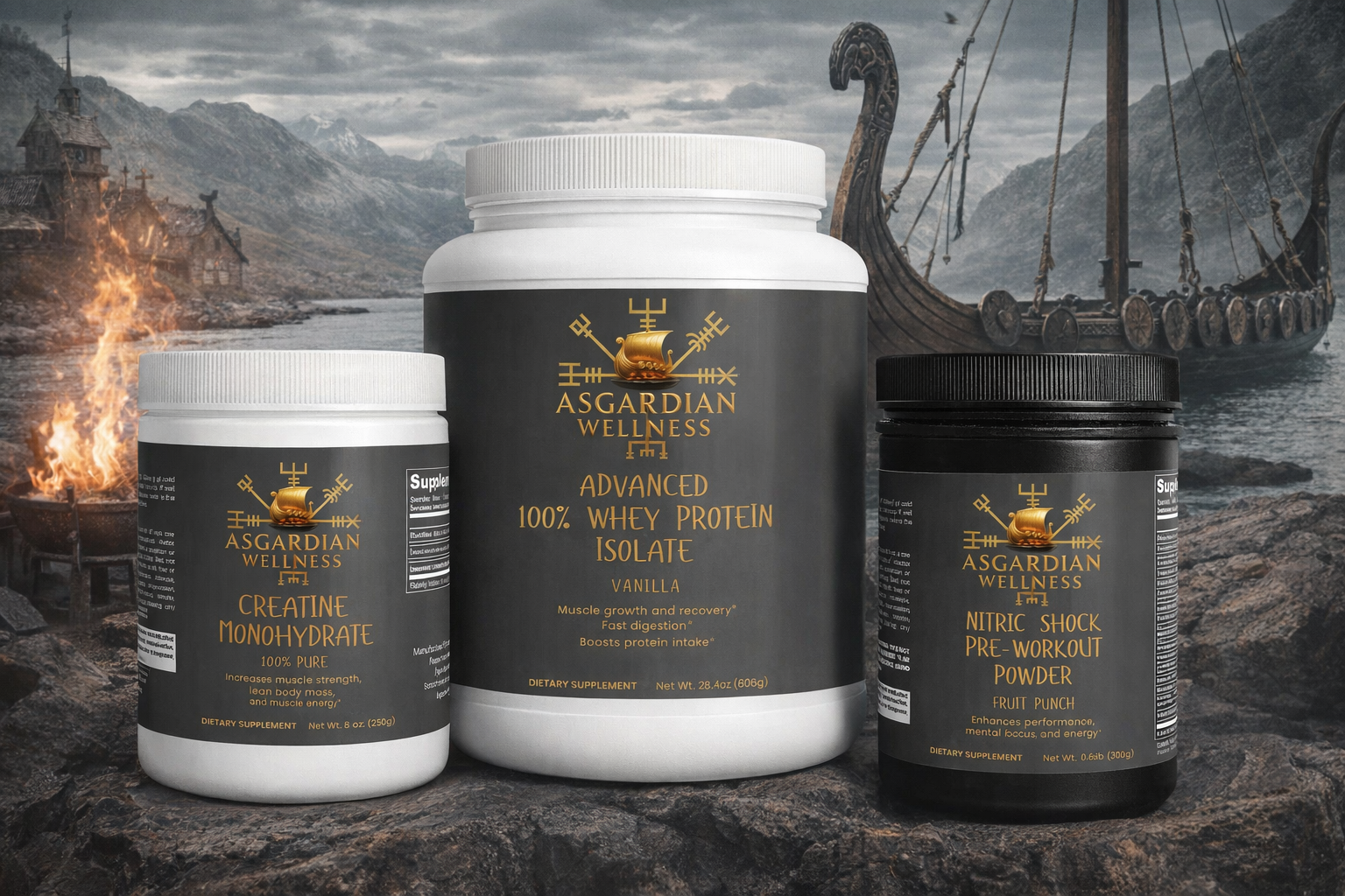 Asgardian Wellness protein powder containers with a Viking ship and campfire in the background