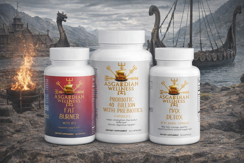 Three bottles of Asgardian Wellness supplements with a Viking-themed background featuring a ship and fire.