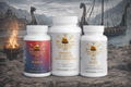 Three bottles of Asgardian Wellness supplements with a Viking-themed background featuring a ship and fire.