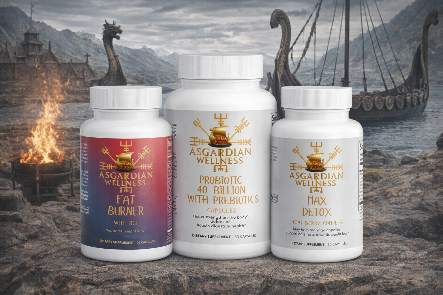 Three bottles of Asgardian Wellness supplements with a Viking-themed background featuring a ship and fire.