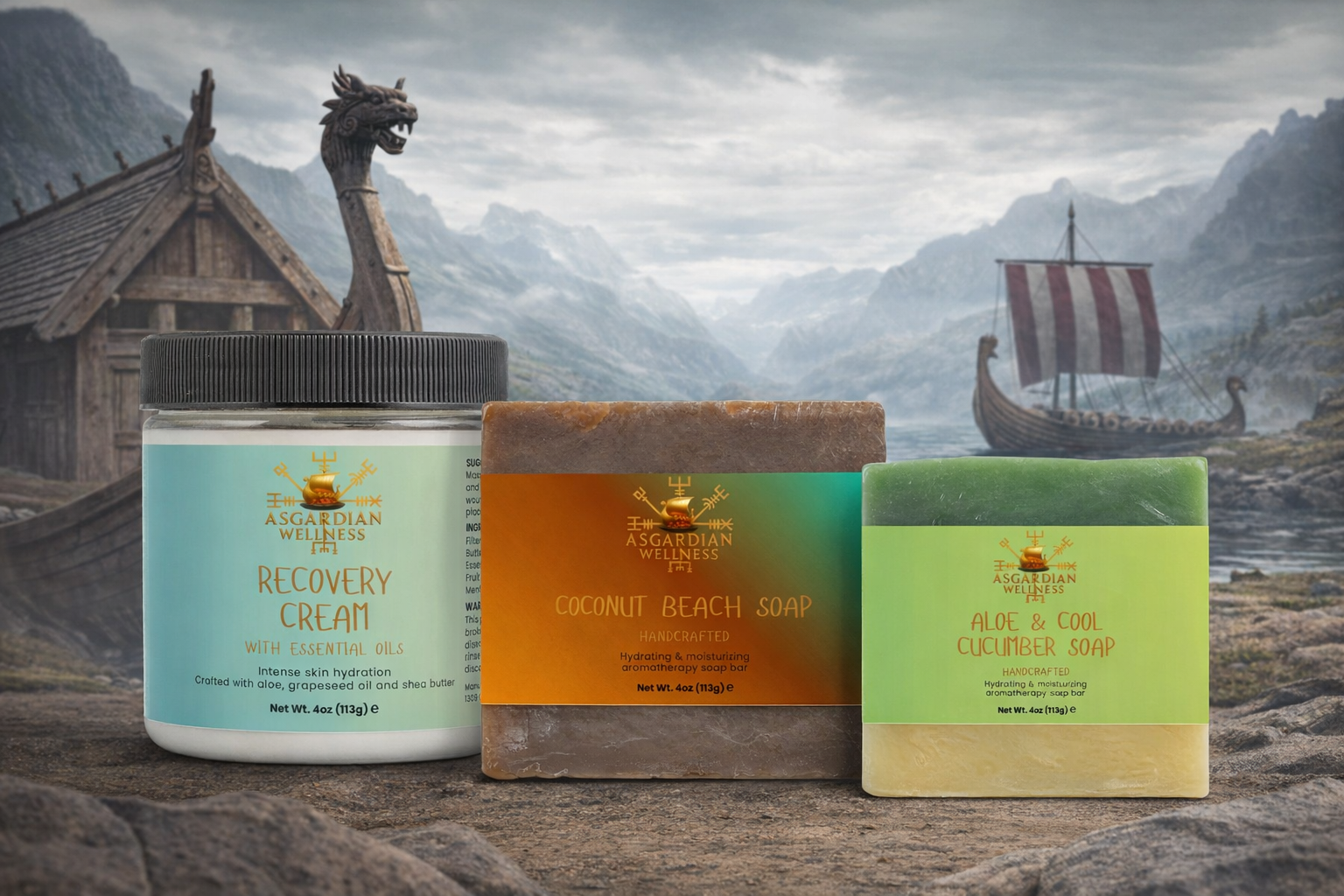 Three skincare products with labels in front of a Viking ship and wooden building.