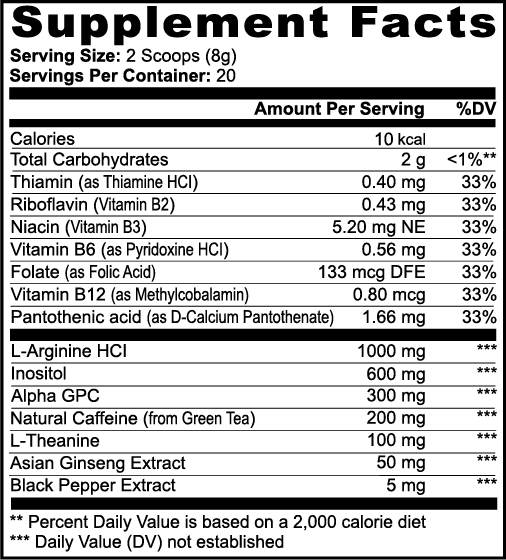 Nutrition Facts panel for Asgardian Wellness clean, natural fitness supplements.